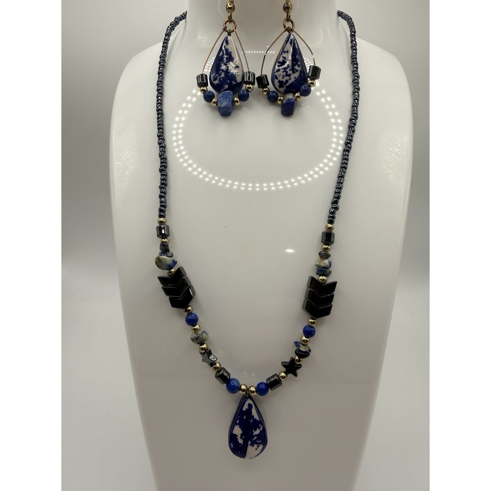 Vintage Beaded Necklace Earring Set Gold Tone Blue‎ Speckled 15"